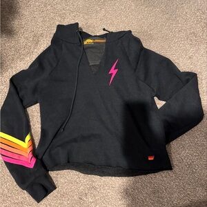 Aviator Nation Black V-Neck cropped set with Pink and Orange Lightning Bolt